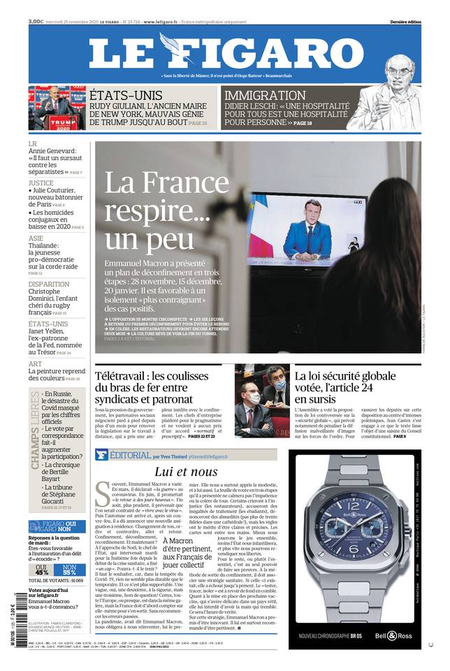 Le Figaro Une du 25 novembre 2020