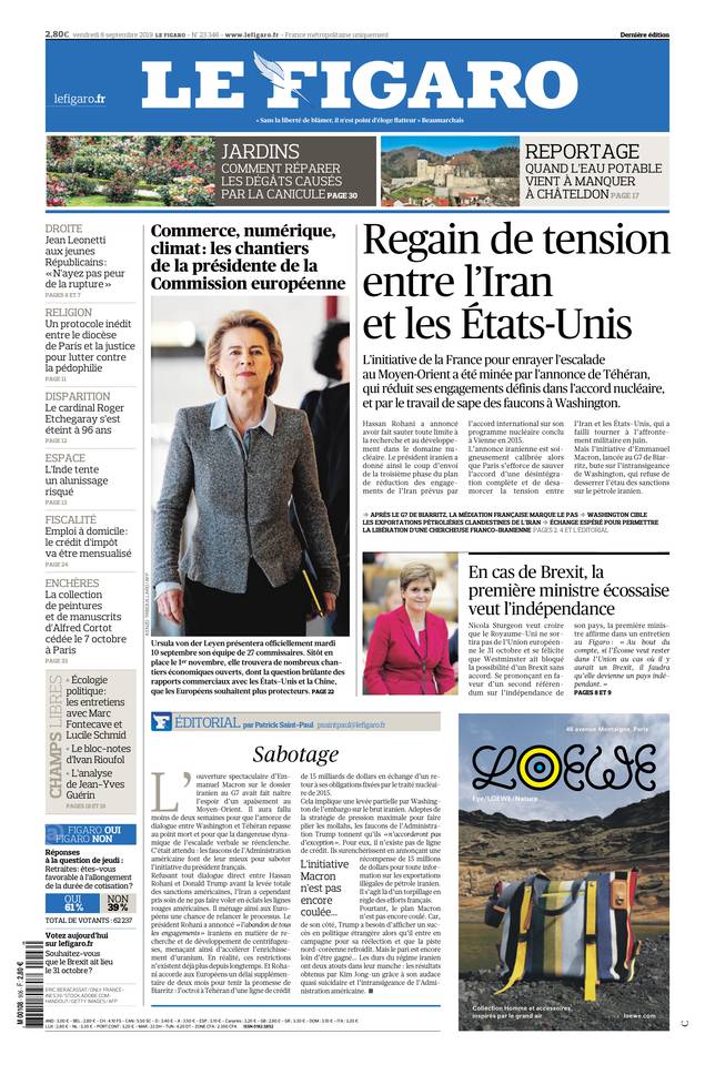 Le Figaro Une du 6 septembre 2019