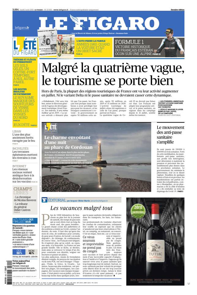 Le Figaro Une du 2 août 2021