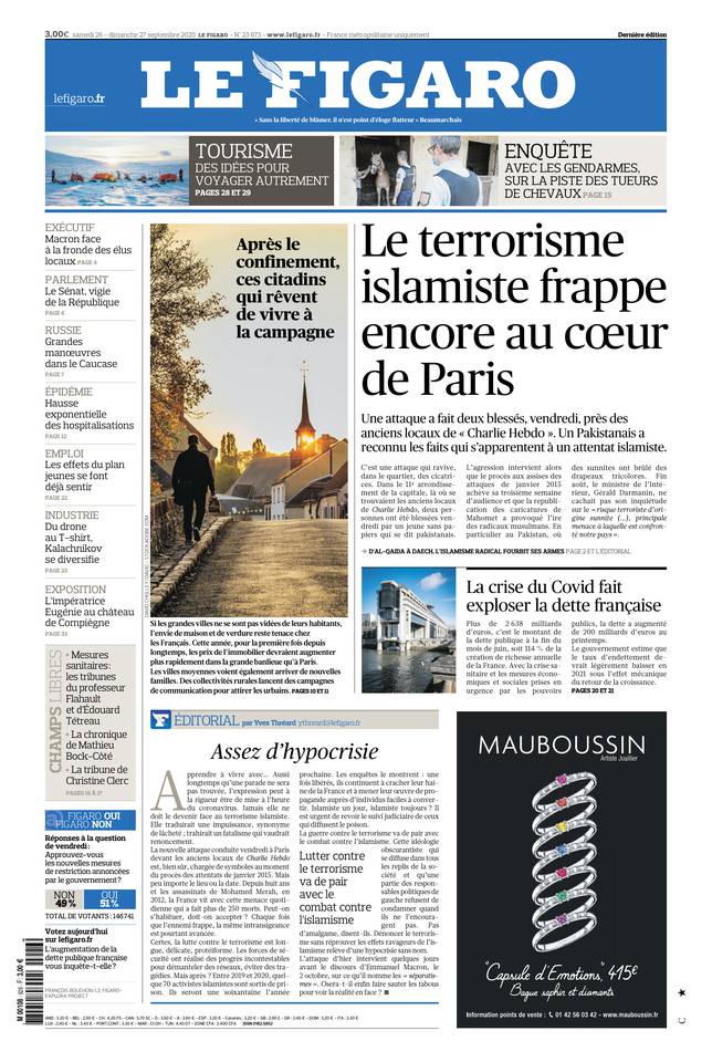Le Figaro Une du 26 septembre 2020