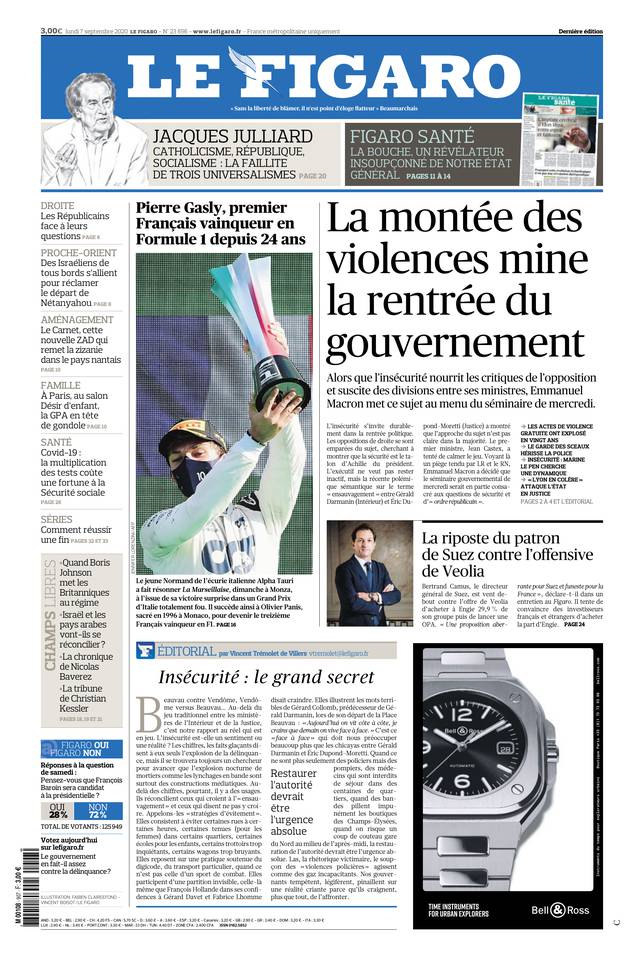 Le Figaro Une du 7 septembre 2020