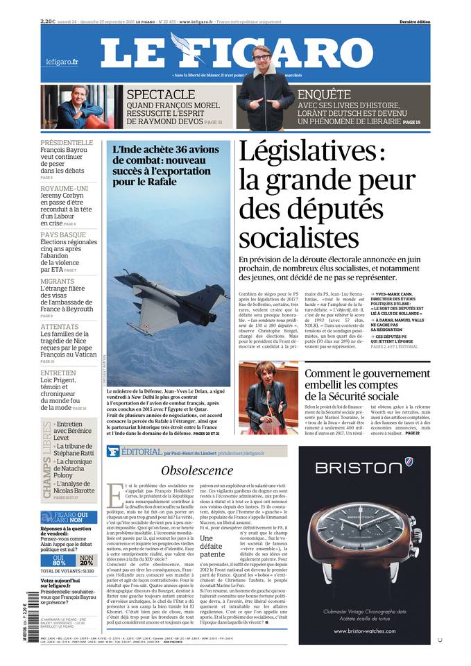 Le Figaro Une du 24 septembre 2016