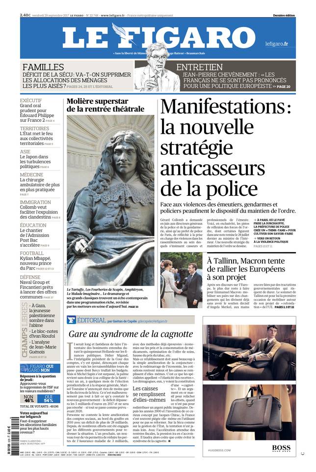 Le Figaro Une du 29 septembre 2017