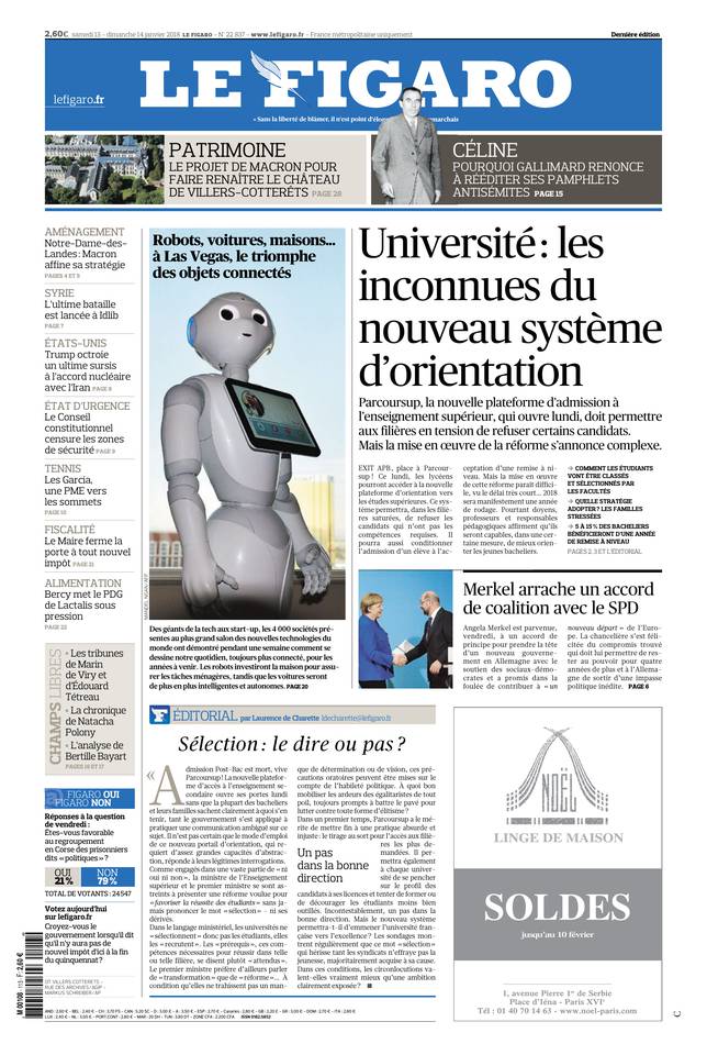 Le Figaro Une du 13 janvier 2018