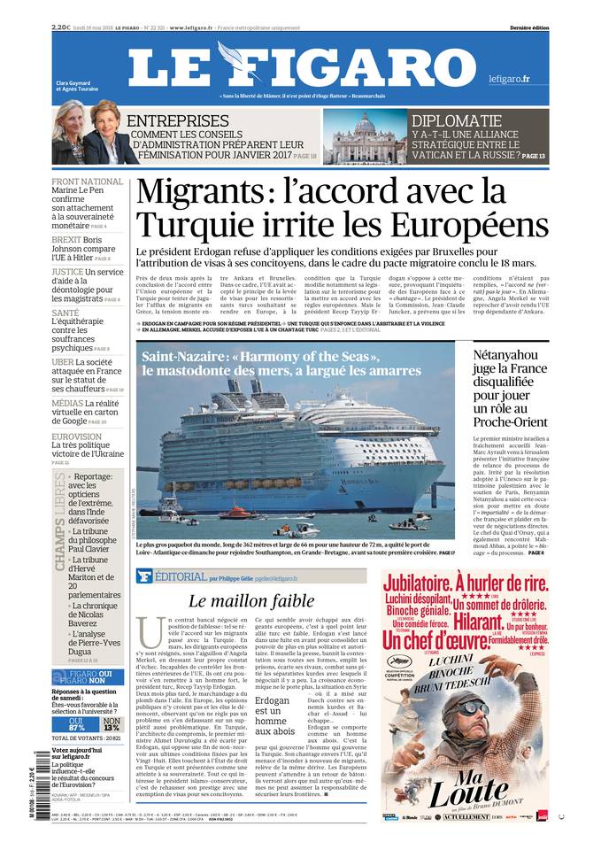 Le Figaro Une du 16 mai 2016