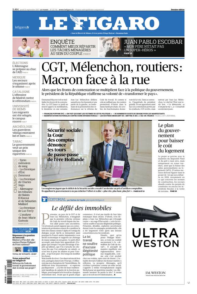 Le Figaro Une du 21 septembre 2017