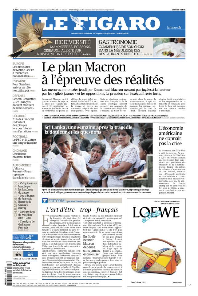 Le Figaro Une du 27 avril 2019
