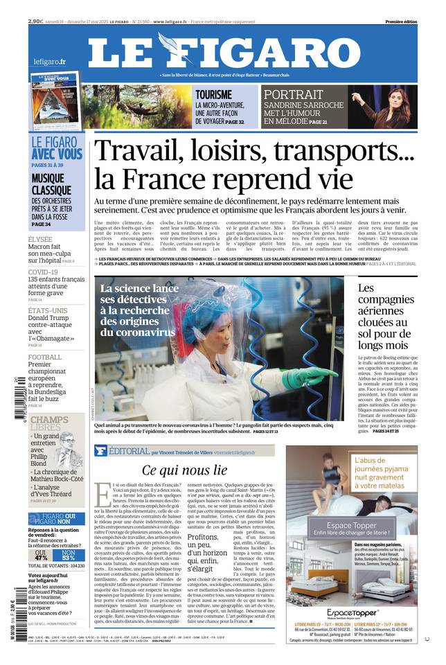 Le Figaro Une du 16 mai 2020