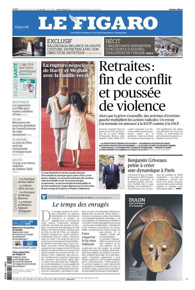 Le Figaro Une du 20 janvier 2020