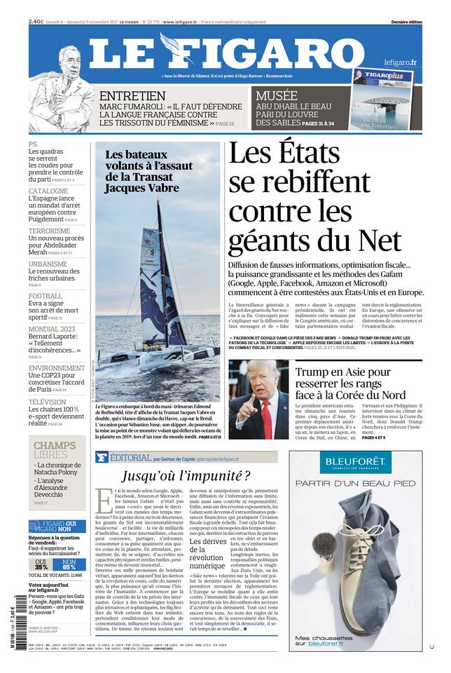 Le Figaro Une du 4 novembre 2017