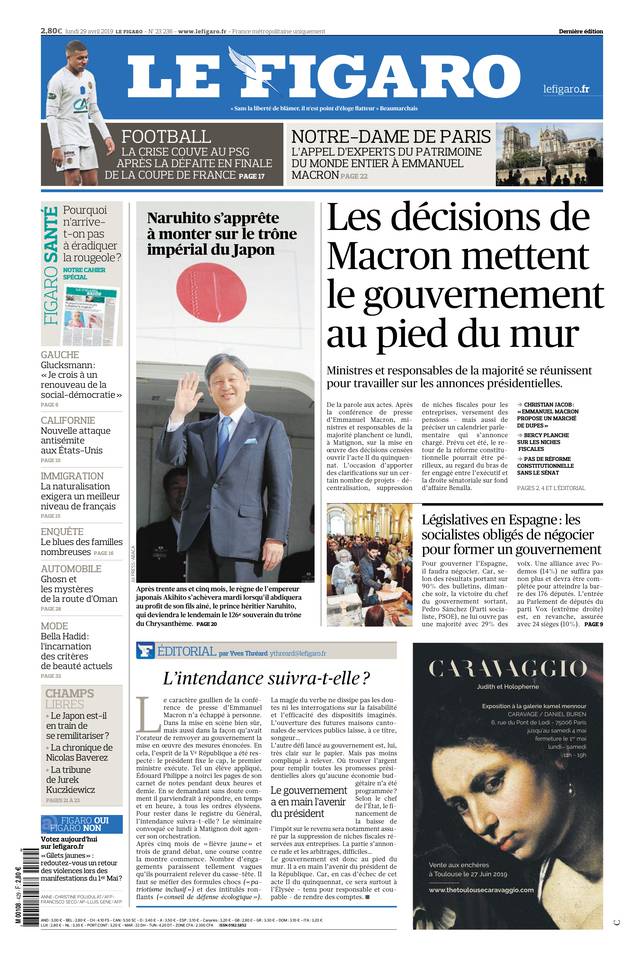 Le Figaro Une du 29 avril 2019