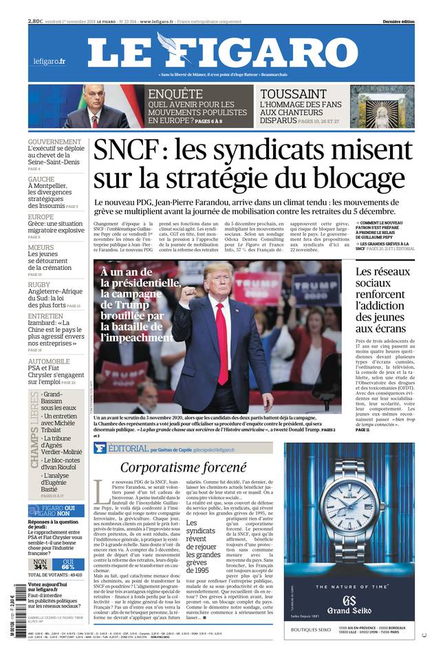 Le Figaro Une du 1 novembre 2019