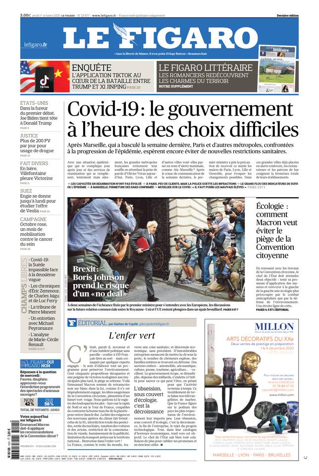 Le Figaro Une du 1 octobre 2020