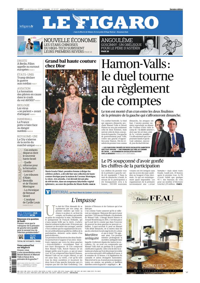 Le Figaro Une du 24 janvier 2017