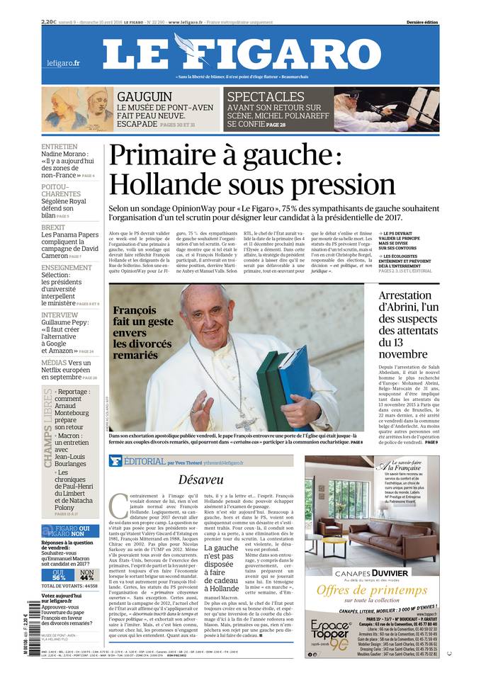 Le Figaro Une du 9 avril 2016