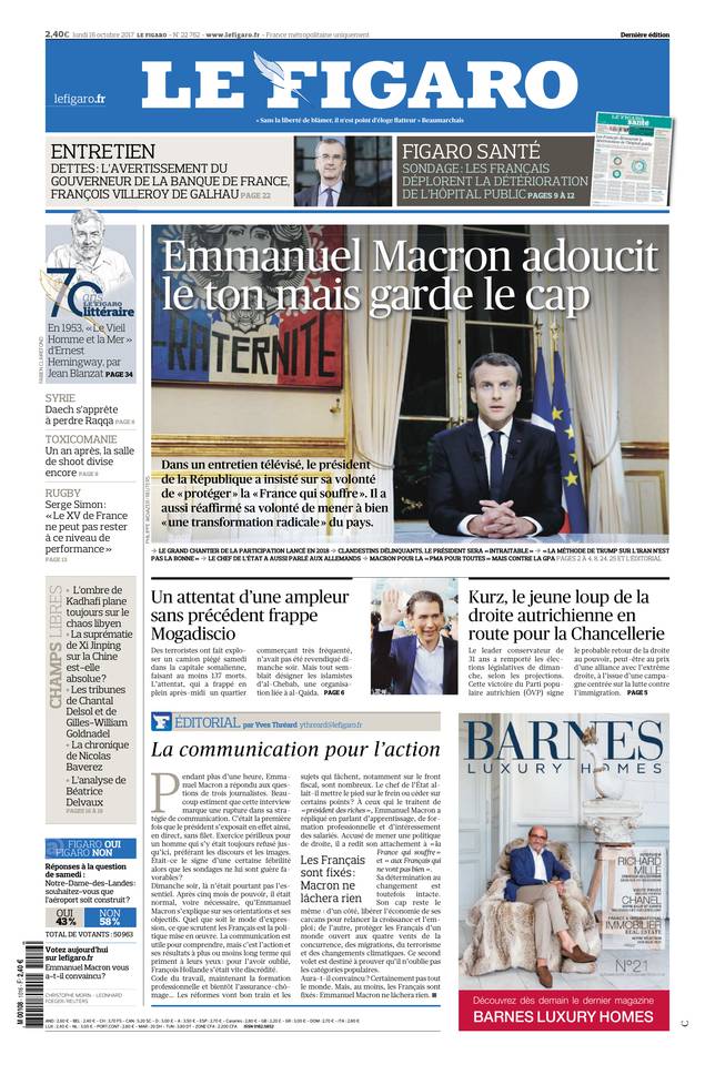 Le Figaro Une du 16 octobre 2017