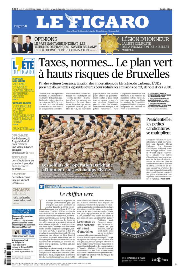 Le Figaro Une du 15 juillet 2021