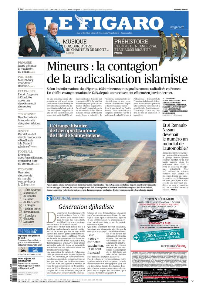 Le Figaro Une du 23 septembre 2016