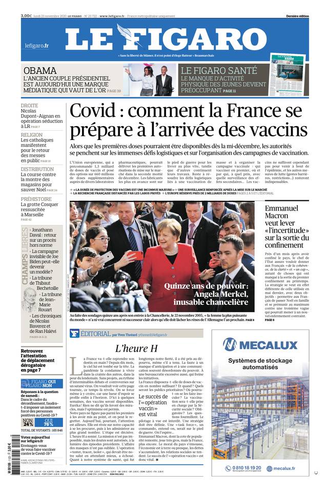 Le Figaro Une du 23 novembre 2020