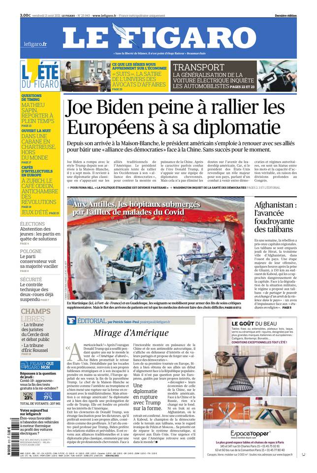 Le Figaro Une du 13 août 2021