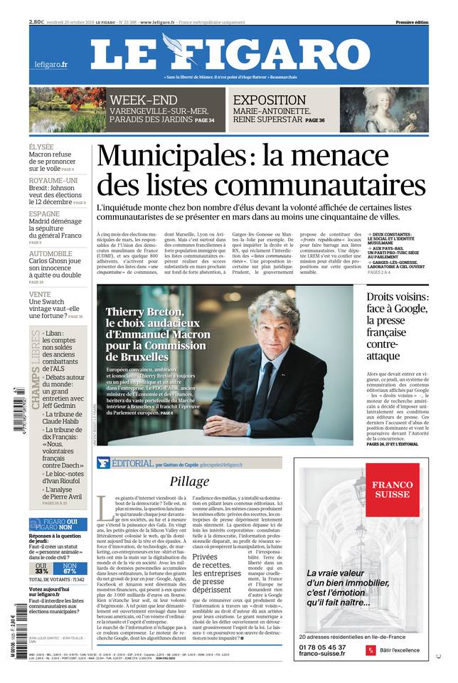 Le Figaro Une du 25 octobre 2019