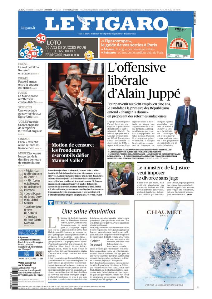 Le Figaro Une du 11 mai 2016