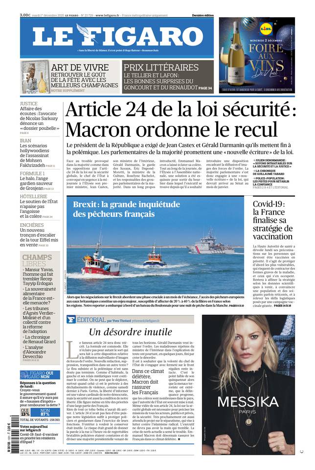Le Figaro Une du 1 décembre 2020