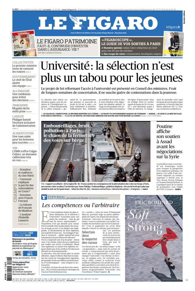 Le Figaro Une du 22 novembre 2017