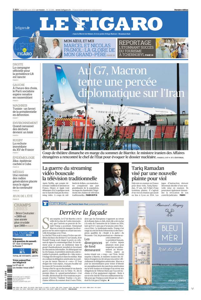Le Figaro Une du 26 août 2019