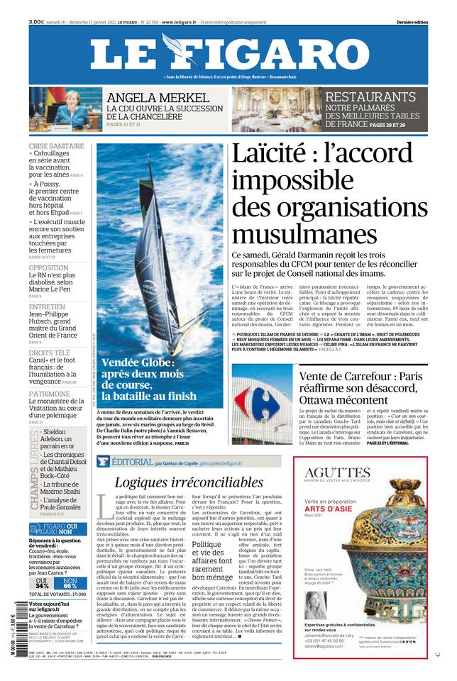Le Figaro Une du 16 janvier 2021