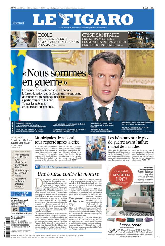 Le Figaro Une du 17 mars 2020