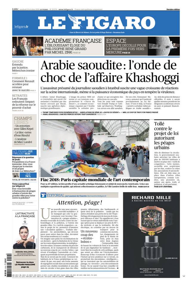Le Figaro Une du 19 octobre 2018