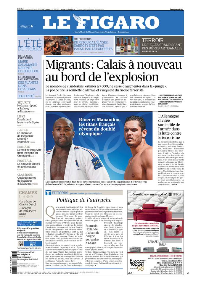 Le Figaro Une du 12 août 2016