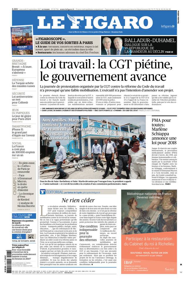 Le Figaro Une du 13 septembre 2017
