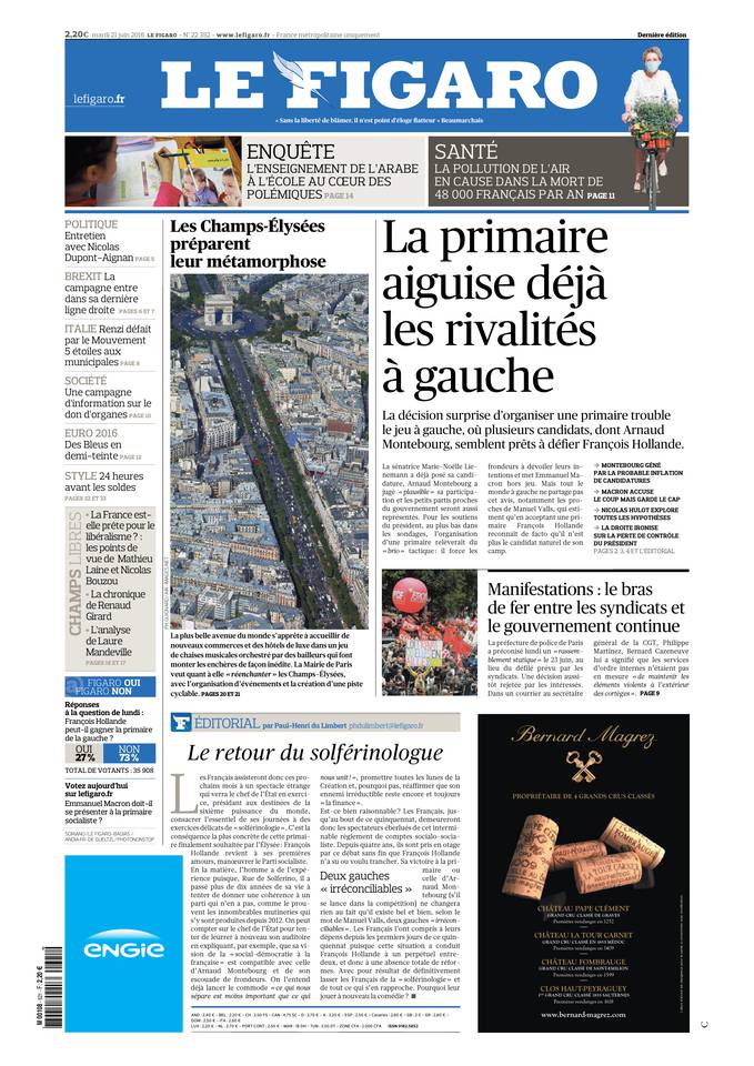Le Figaro Une du 21 juin 2016