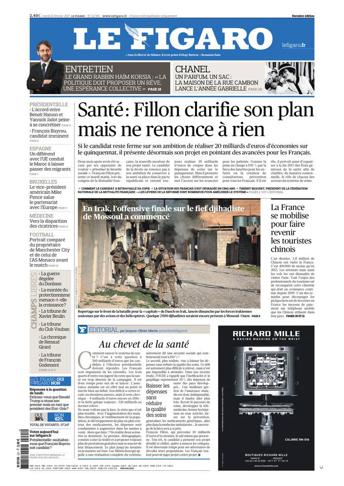 Le Figaro Une du 21 février 2017