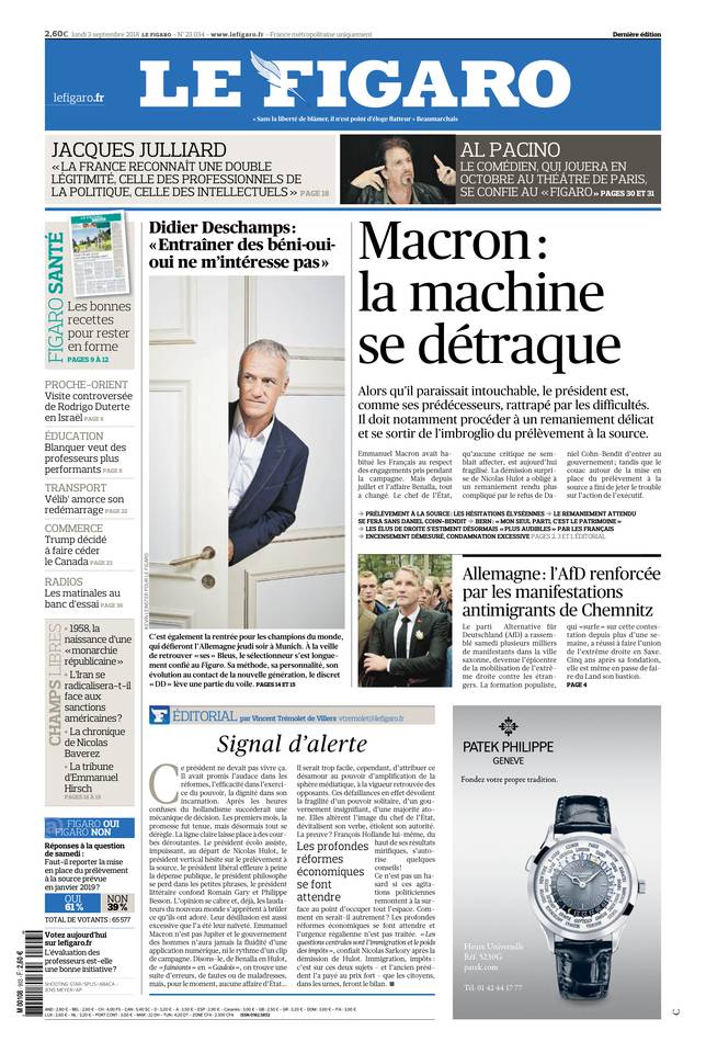 Le Figaro Une du 3 septembre 2018