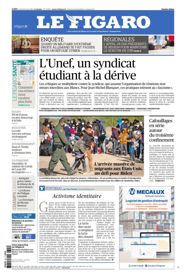 Le Figaro Une du 22 mars 2021
