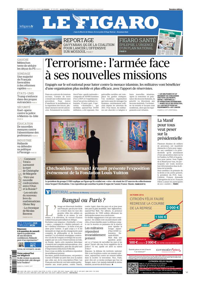 Le Figaro Une du 17 octobre 2016