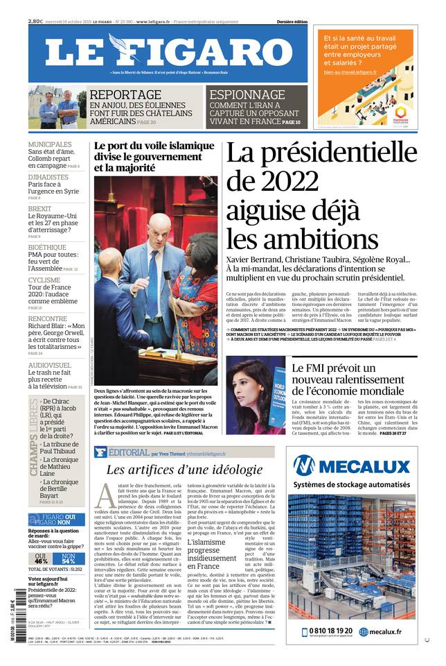 Le Figaro Une du 16 octobre 2019