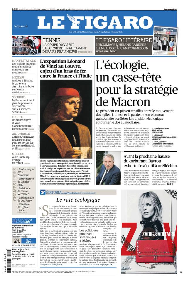 Le Figaro Une du 22 novembre 2018