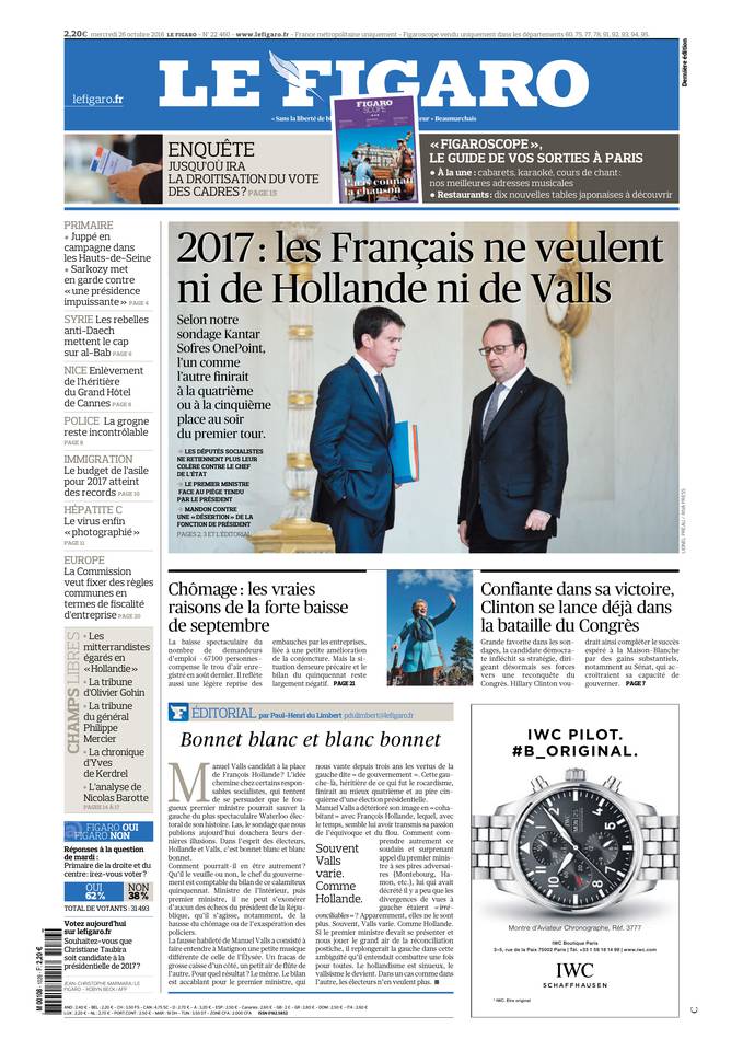 Le Figaro Une du 26 octobre 2016