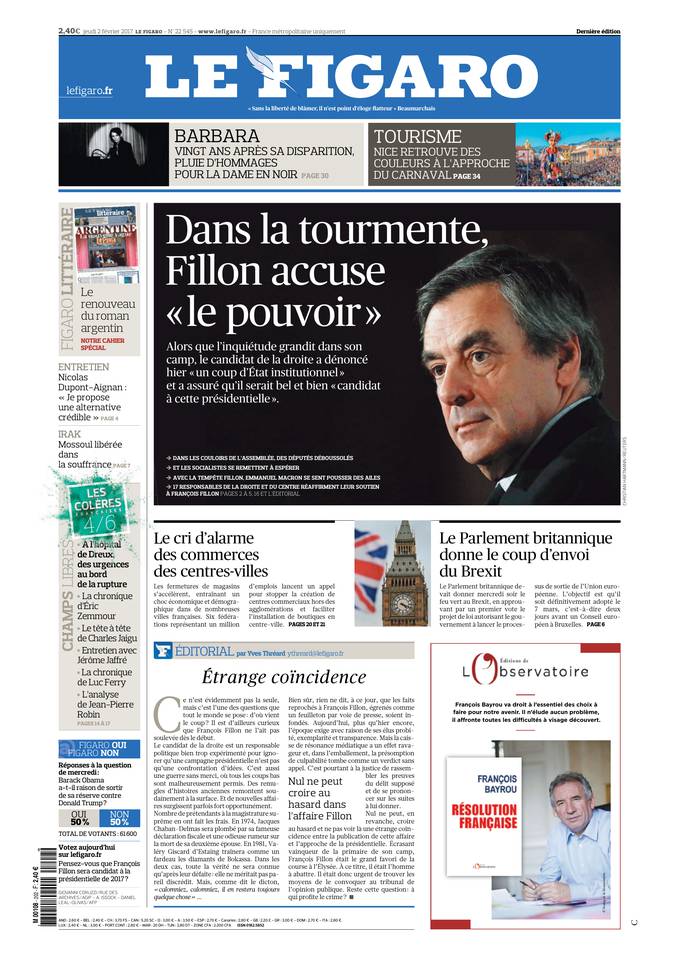Le Figaro Une du 2 février 2017