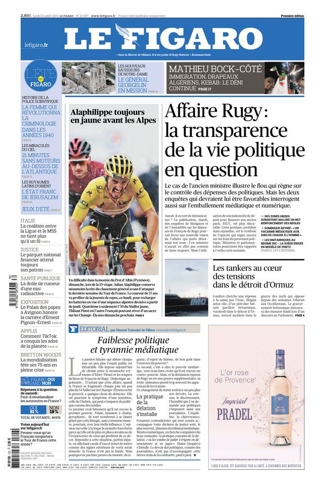 Le Figaro Une du 22 juillet 2019