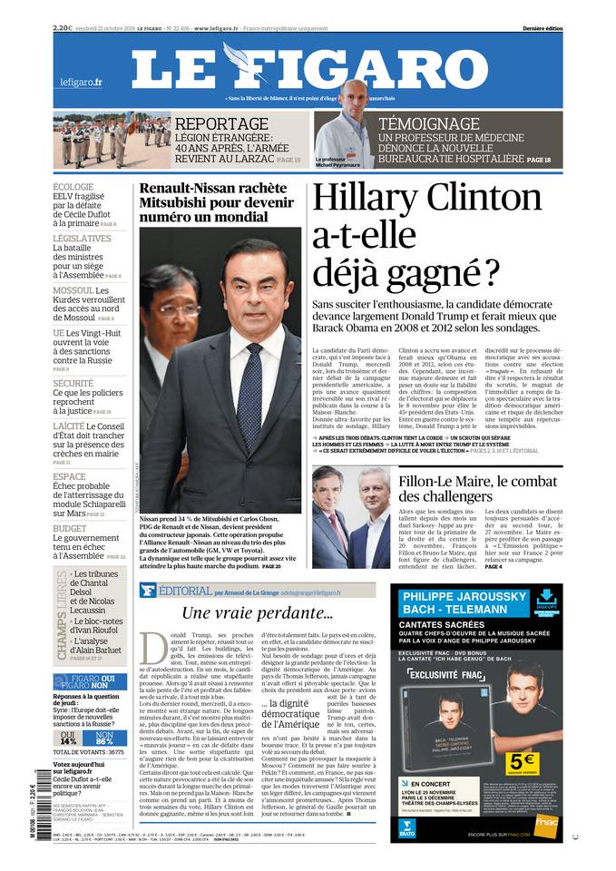 Le Figaro Une du 21 octobre 2016