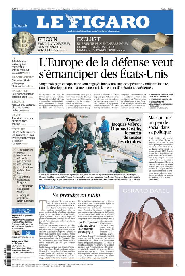 Le Figaro Une du 14 novembre 2017