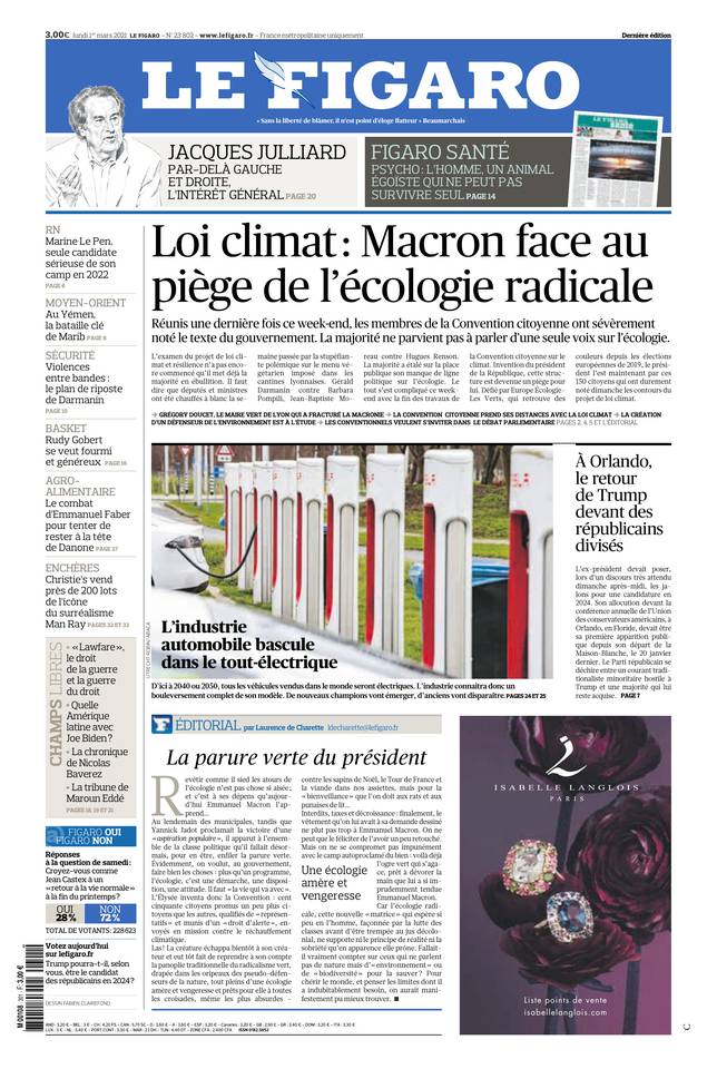 Le Figaro Une du 1 mars 2021