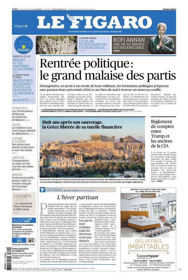 Le Figaro Une du 20 août 2018