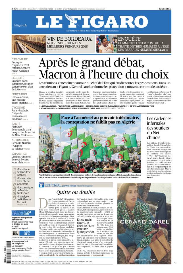 Le Figaro Une du 13 avril 2019