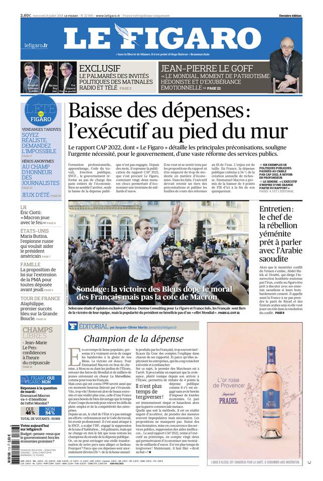 Le Figaro Une du 18 juillet 2018